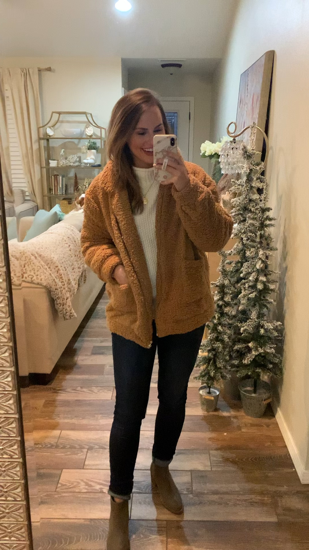 Fall and winter outfit! Love this Sherpa lapel cardigan, classic sweater, dark skinny jeans and boots. Perfect look for teachers, Thanksgiving, church, parent teach conferences, you name it! 

Also, our set of 3 Christmas trees you see in the background are finally back in stock at Walmart! 

Christmas decor, Christmas tree, Amazon fashion, Walmart home, mom style, millennial fashion 

#LTKFindsUnder50 #LTKStyleTip #LTKVideo