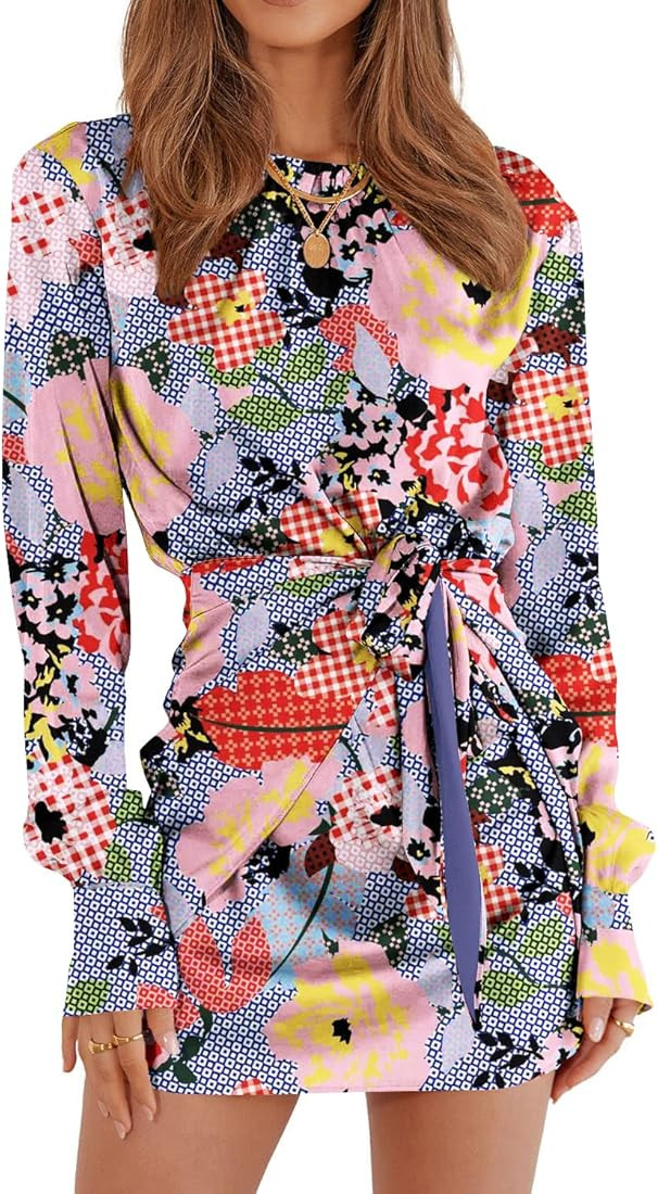 Women's 2023 Fall Satin Dress Long Sleeve Tie Waist Elegant Cocktail Party Mini Dresses | Amazon (US)