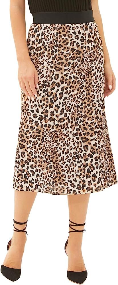Women Leopard Printed High-Waisted Elastic Waist Straight Midi Skirts | Amazon (US)