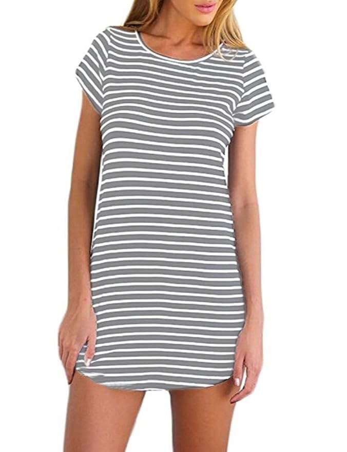 OURS Women's Crew Neck Short Sleeve Striped Loose T-Shirt Mini Dress | Amazon (US)