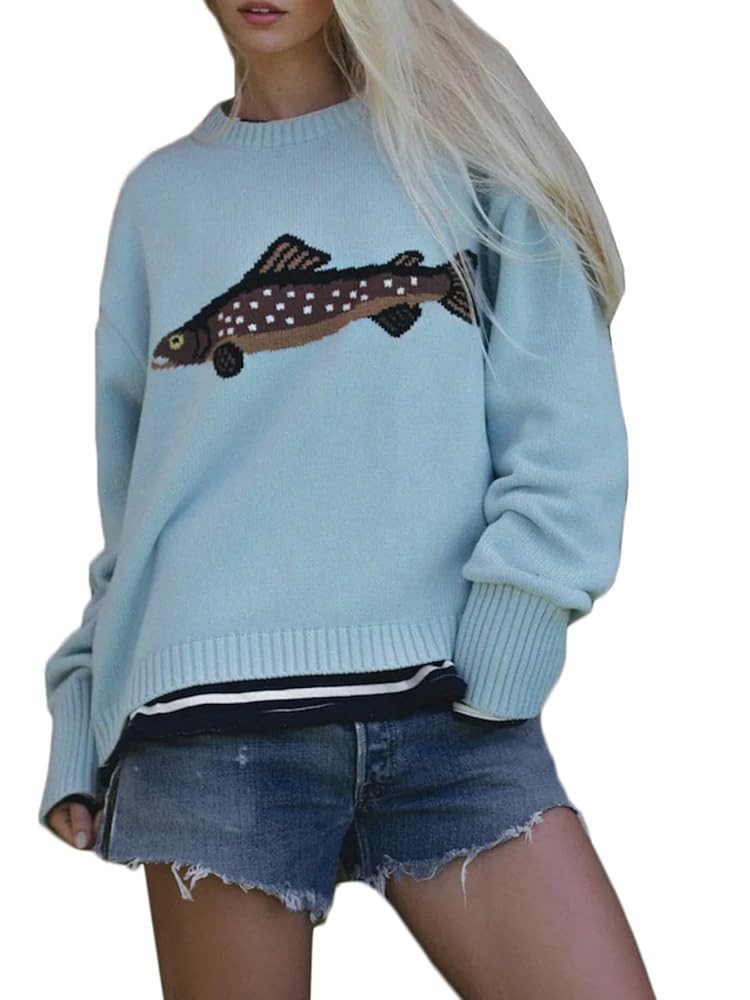 Women Knit Sweater Top Cute Graphic Oversized Knitwear Long Sleeve Pullover Top Loose Fit Fall St... | Amazon (US)