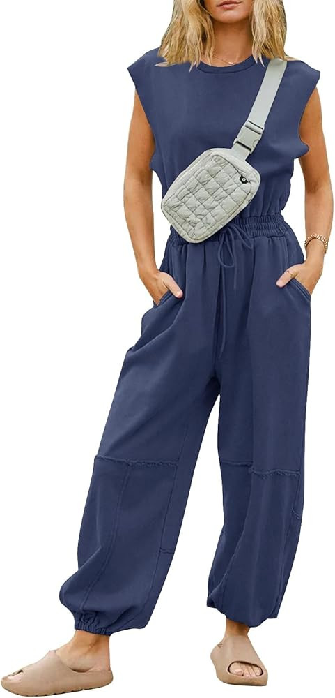 Flygo Womens Casual Jumpsuit Crewneck Cap Sleeve Long Wide Leg Pants One Piece Outfits Drawstring... | Amazon (US)