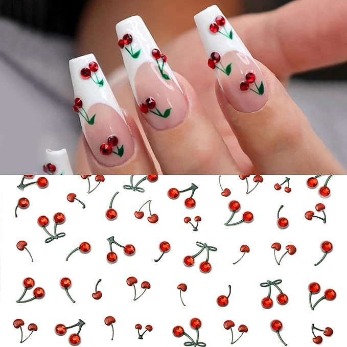 PrettyDiva Cherry Nail Stickers Trendy Nail Stickers 5D Rhinestones Nail Art Cherry Art Nail Stic... | Amazon (US)