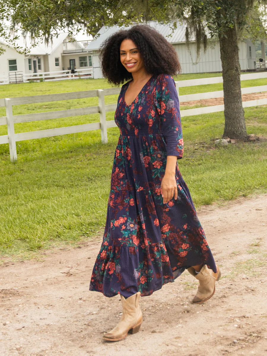 Dawn V-Neck Maxi Dress - Navy Pink Floral | Natural Life