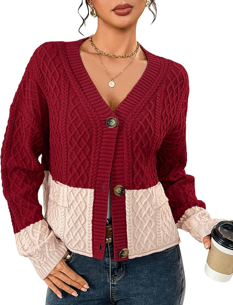 BB&KK Cropped Cardigan for Women Fall Color Block Button Up 2025 Long Sleeve Chunky Knit Open Fro... | Amazon (US)