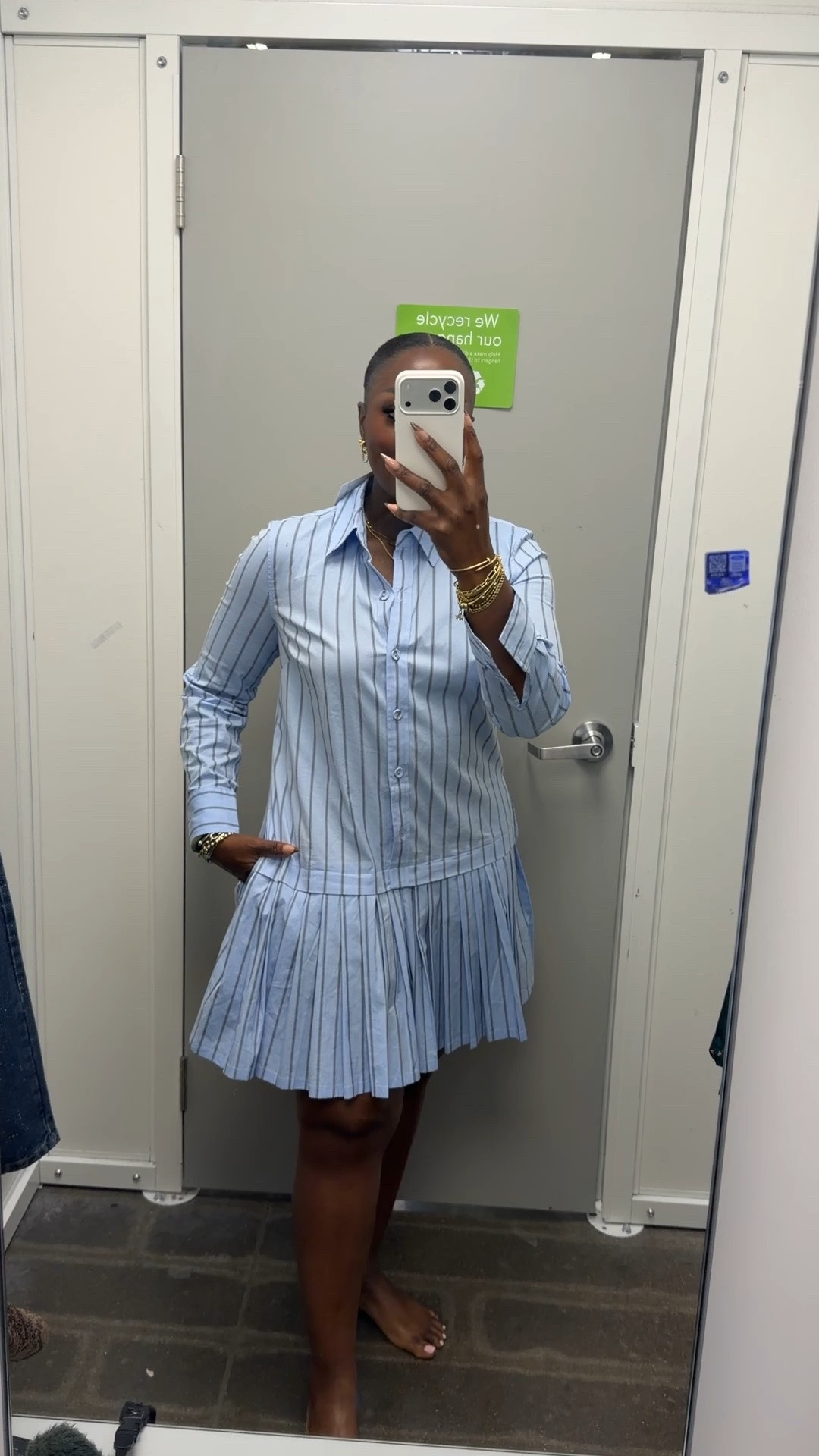 I’m into this blue pinstriped, long sleeved dress from Walmart. Wearing a M.