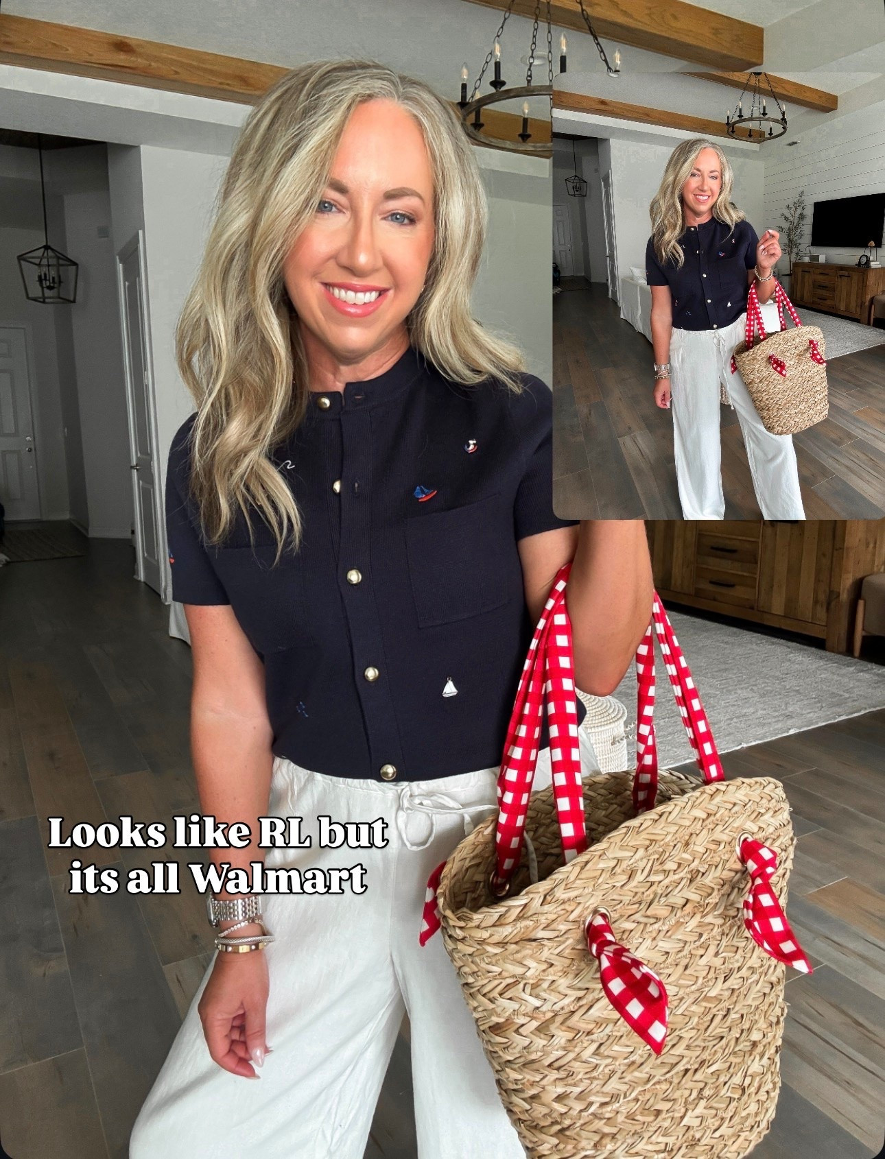 Walmart fashion Walmart finds embroidered short sleeve top with charms. Looks like Ralph Lauren but it’s Walmart! July 4th outfit Memorial Day outfit summer outfit