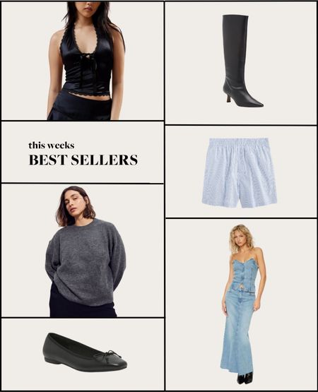 this weeks best sellers — black urban outfitters top, by far black boots, j crew shorts, dynamite denim skirt, Steve Madden black flats, H&M grey knit 

#LTKsalealert #LTKstyletip #LTKfindsunder50
