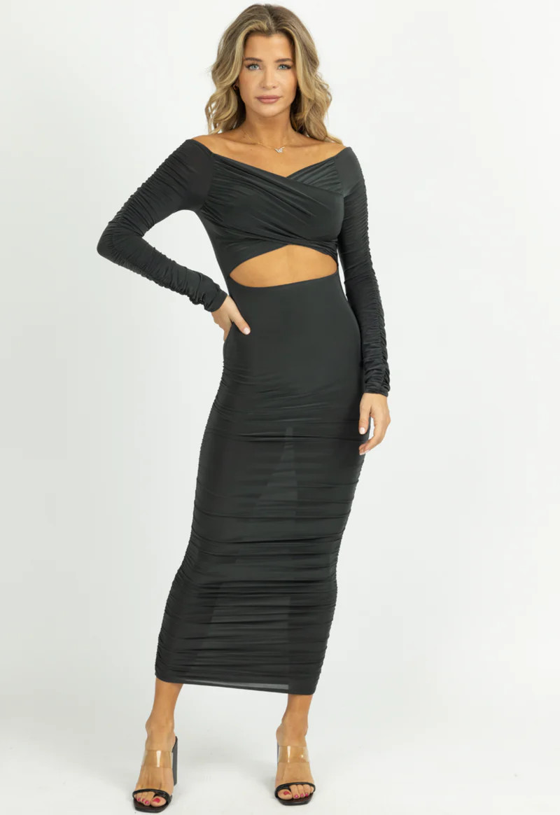 HUNTER OFF-SHOULDER SHIRRED SLINKY MIDI DRESS | L'ABEYE