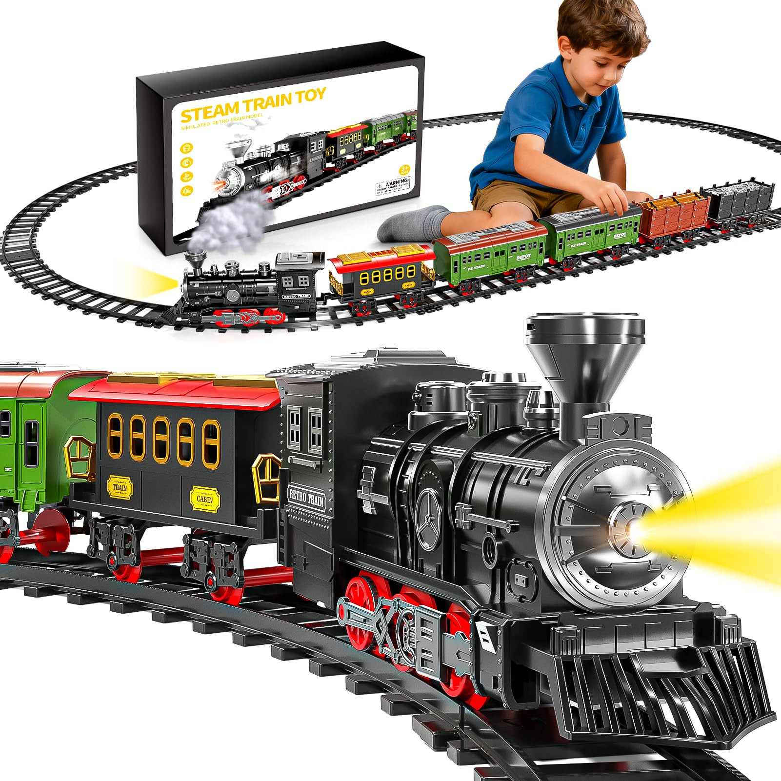 Electric Train Set for Kids, Christmas Train Toys with Smoke, Light and Sound, DIY Building Train... | Amazon (US)