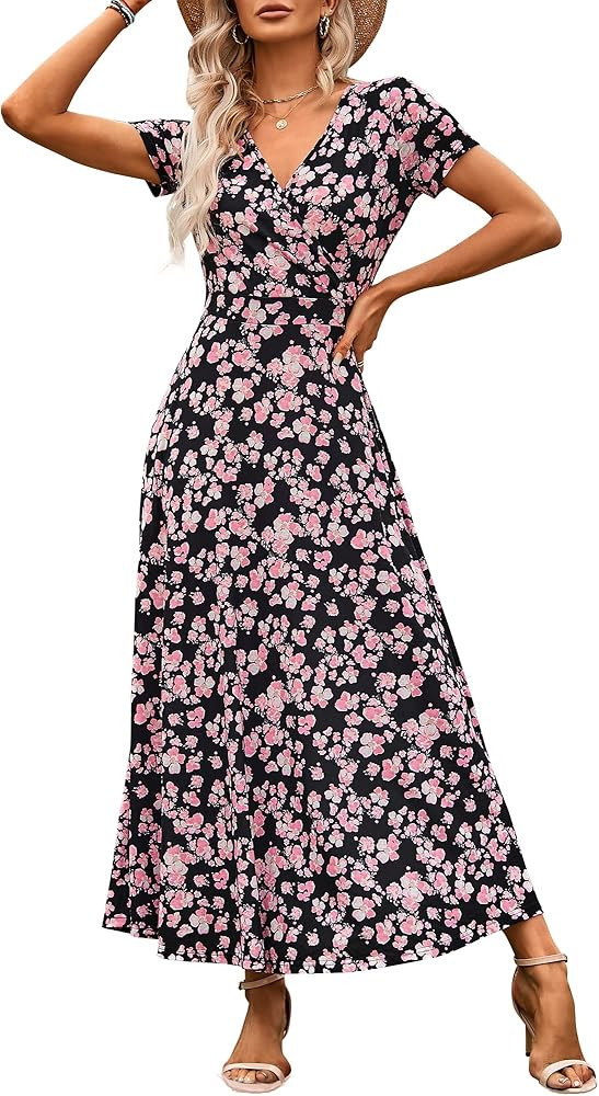 HUHOT Women's Short Sleeve Wrap V Neck Dresses for Wedding Guest Summer Floral Maxi Sundresses wi... | Amazon (US)