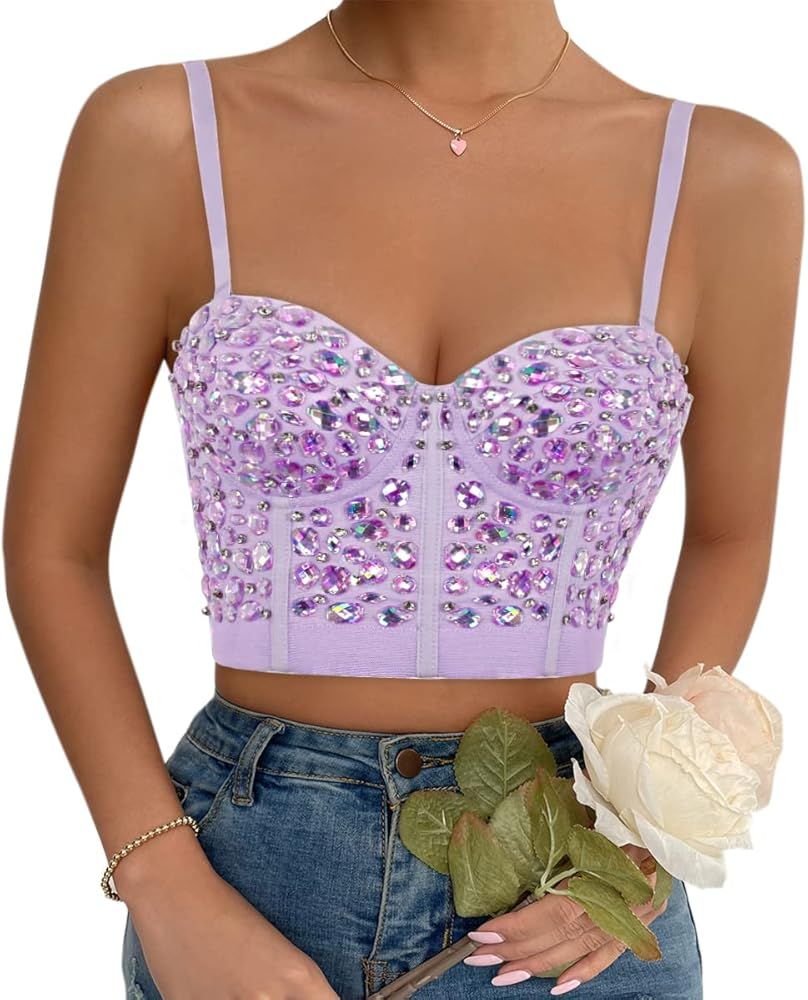 Haoohu Women's Colorful Rhinestone Diamond Bustier Crop Top Push Up Corset Bra Clubwear Party Ves... | Amazon (US)