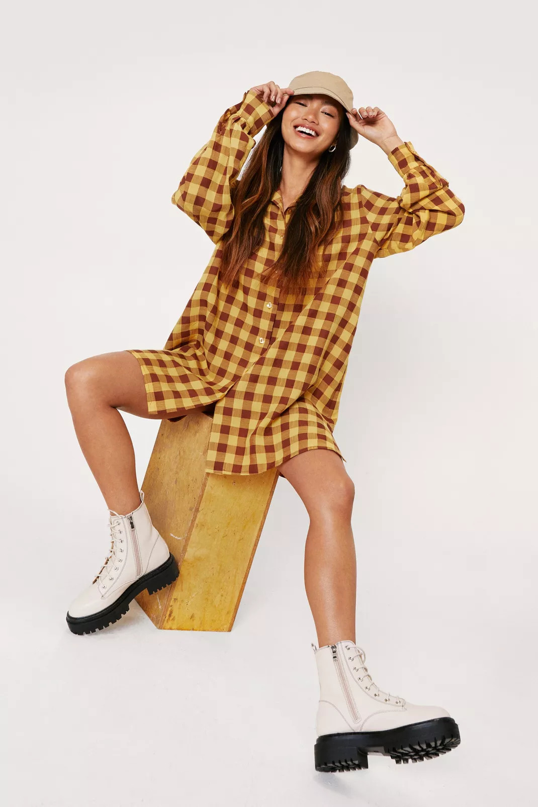 Petite Oversized Check Mini Shirt Dress | Nasty Gal (US)