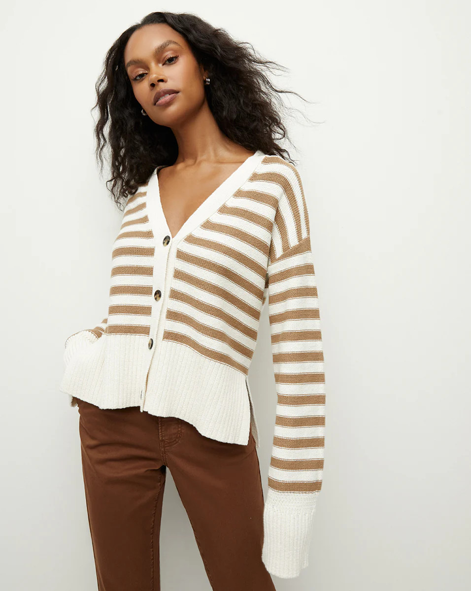 Saylor Cotton Cardigan in Off-White/Khaki | Veronica Beard | Veronica Beard