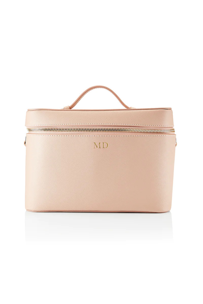 Personalised Leather Make Up Box - Nude Saffiano with Gold Hardware | HA Designs