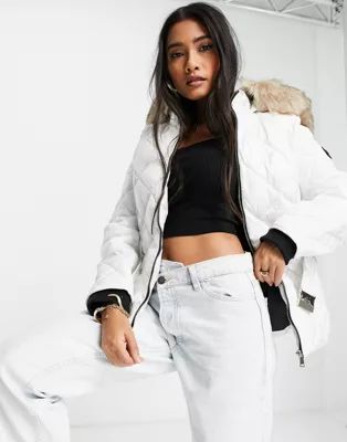 River Island padded puffer jacket with faux fur hood in white | ASOS | ASOS (Global)