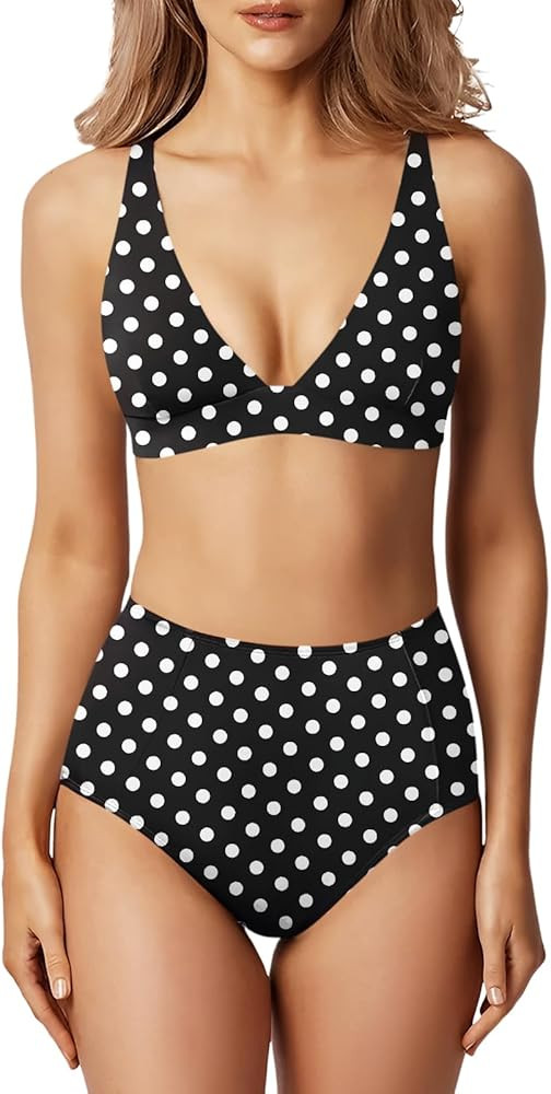 MIKETAI Swim Suits for Women 2 Piece High Waisted Bikini Sets Deep V Neck Bathing Swimming Suits ... | Amazon (US)
