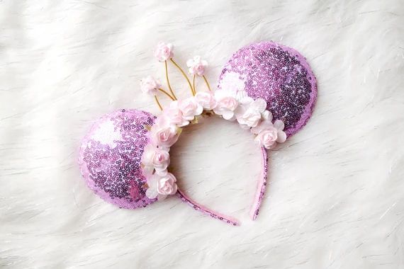 Rapunzel Inspired Minnie Mouse Ears With Crown, Pink  Floral Minnie Ears, Lavender Minnie Ears, S... | Etsy (US)