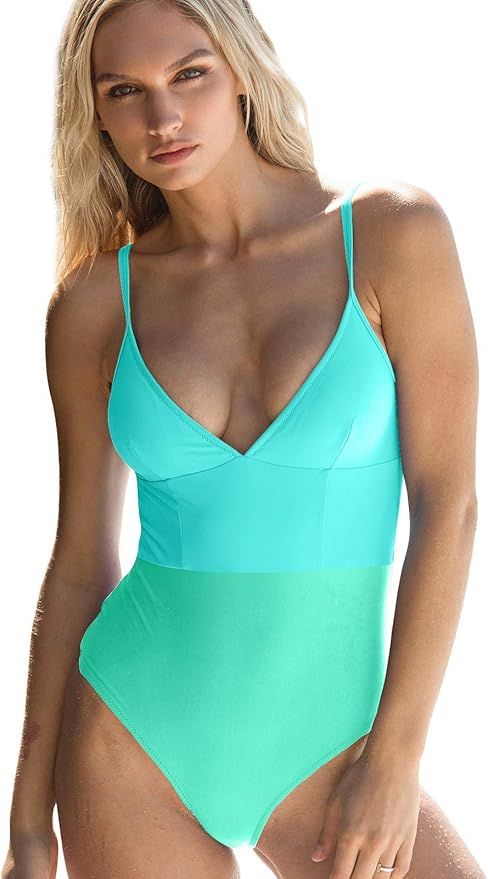 DaiLiWei Womens Sports High Waisted One Piece Bathing Suit Tummy Control Color Block V Neck Swims... | Amazon (US)