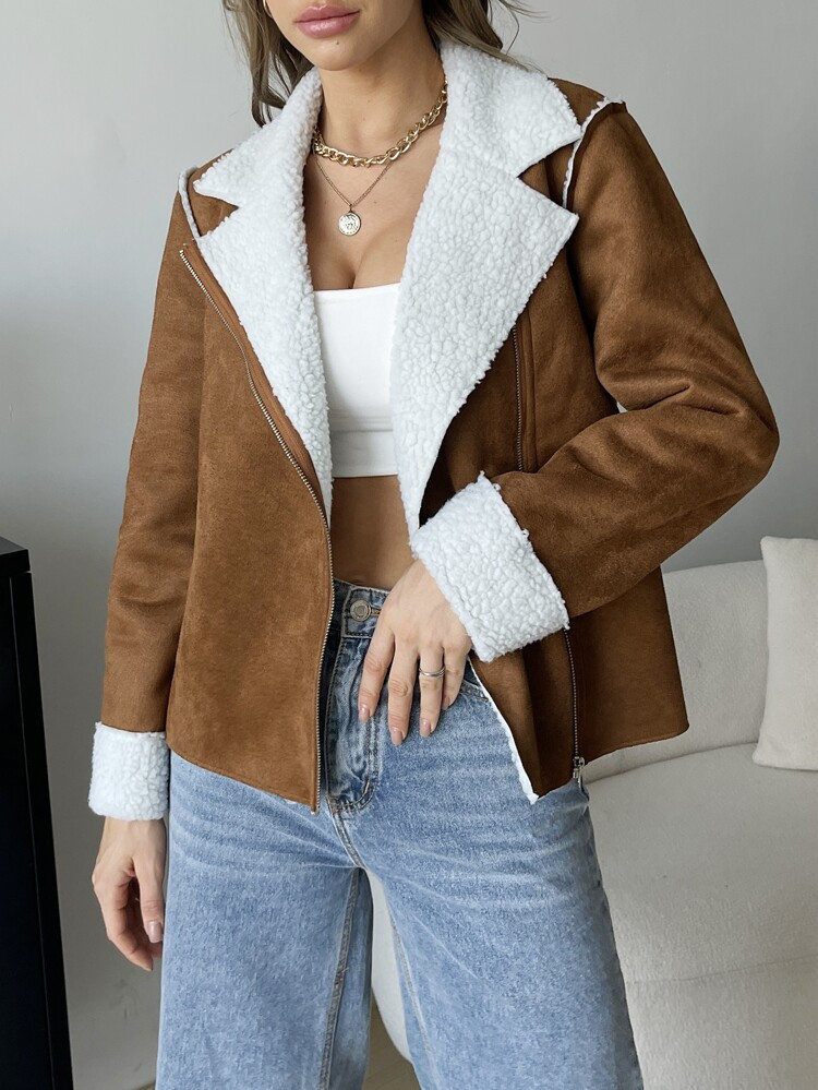 SHEIN EZwear Teddy Lined Zip Up Suedette Coat | SHEIN