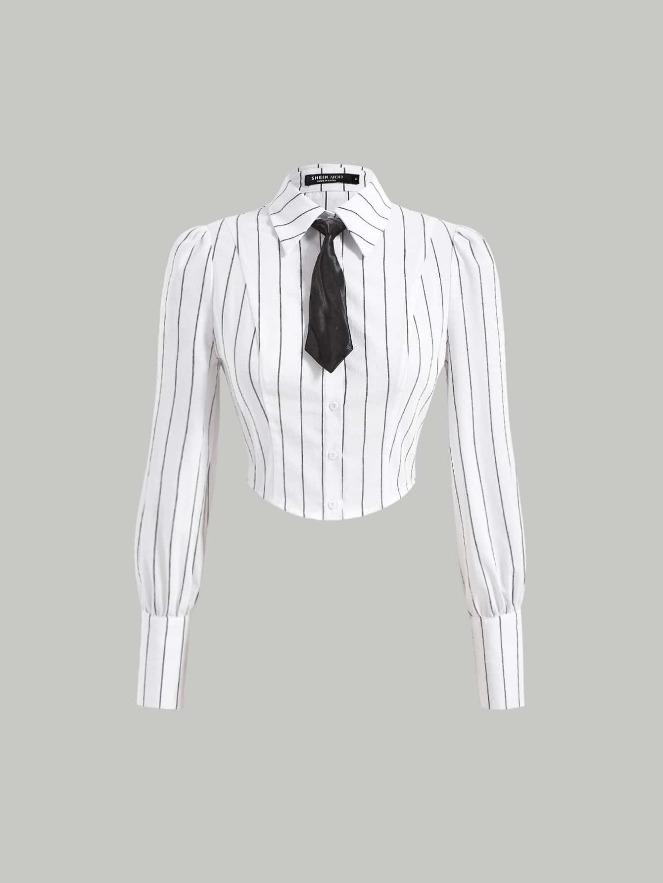 SHEIN MOD Striped Tie Neck Crop Shirt | SHEIN