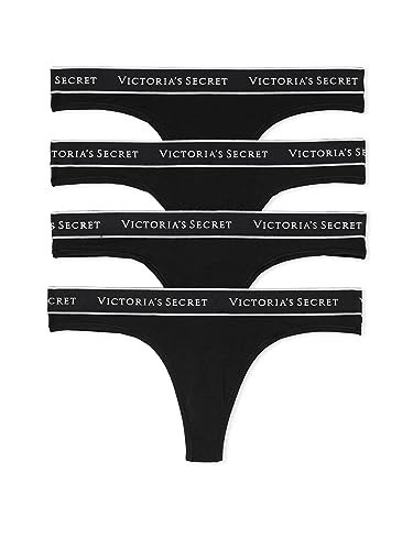 Victoria's Secret Women's Cotton Logo Thong Underwear, Panties for Women, Pack of 5, Black, XXL | Amazon (US)