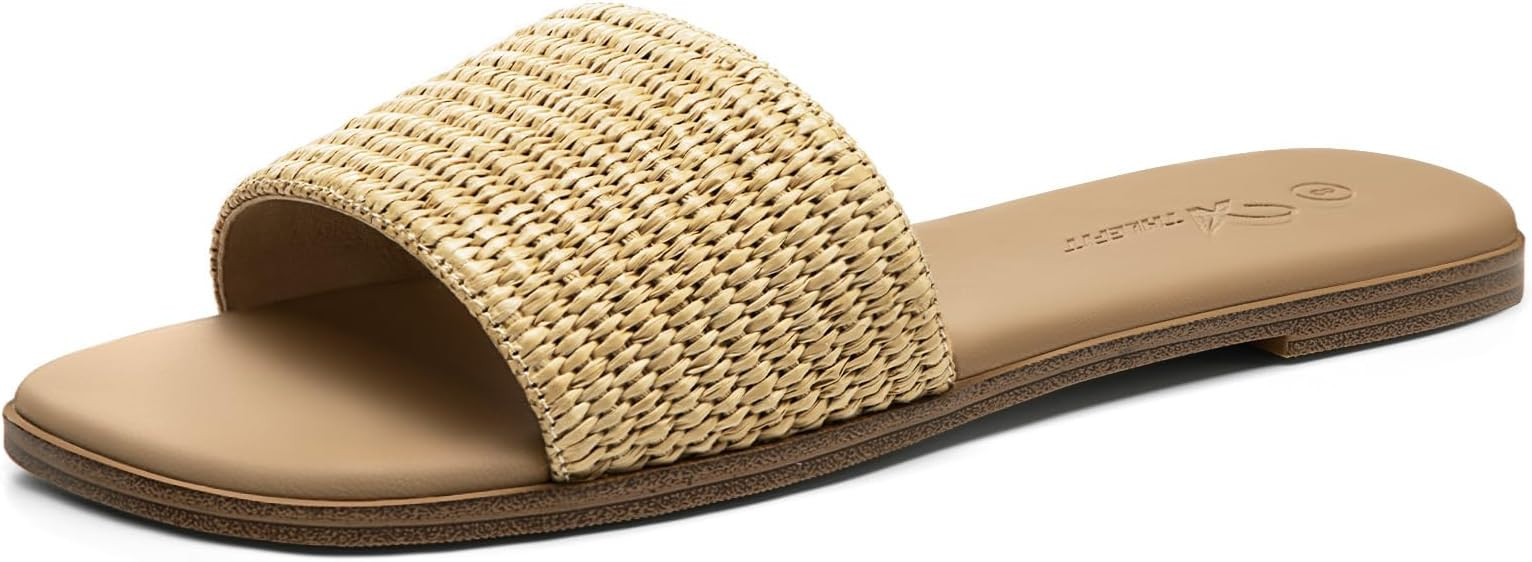 Athlefit Flat Sandals for Women Summer Raffia Square Toe Comfortable Slip On Dressy Casual Slide ... | Amazon (US)