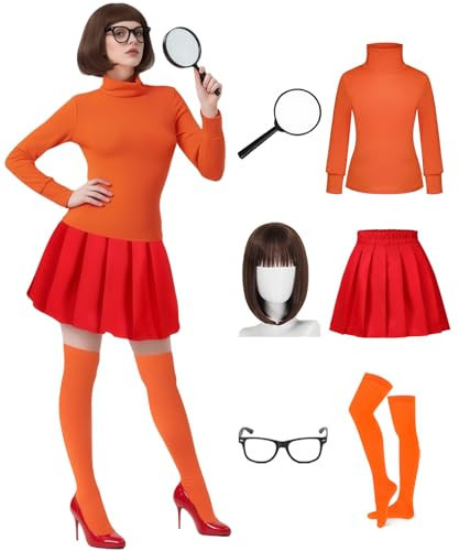 Women Velma Costume Adult Halloween Costume Cosplay Outfit with Bob Wig, Red Skirt, Shirt, Glasses, Magnifier, Socks OU060XXL | Amazon (US)