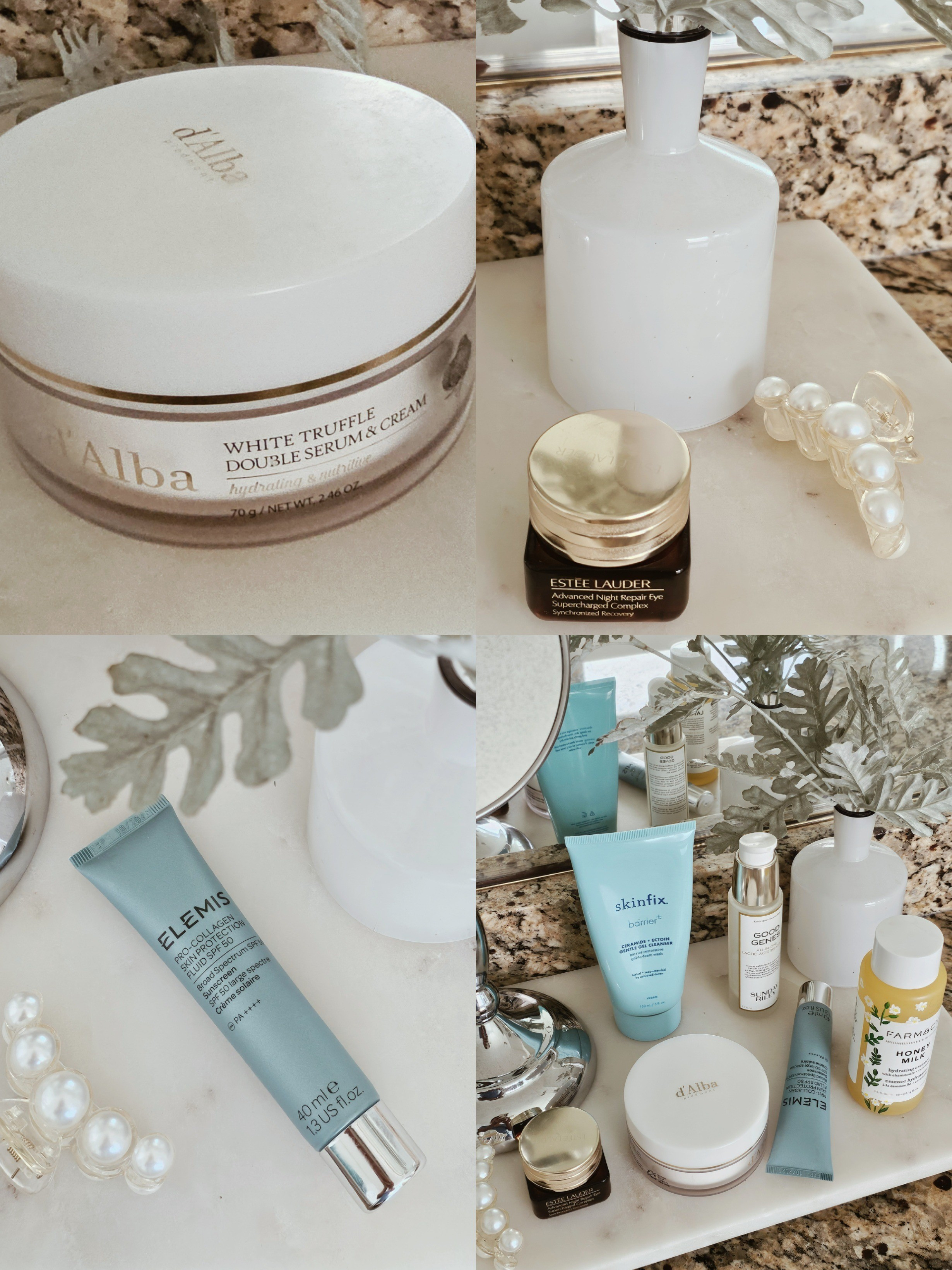 Self-care Sunday skincare favorites ✨Sharing a few products I’ve been reaching for lately — gentle cleanser, hydrating essence, lactic acid treatment, and rich creams that keep skin calm and glowing.• Skinfix Barrier+ Gentle Gel Cleanser• Sunday Riley Good Genes Lactic Acid Treatment• Farmacy Honey Milk Hydrating Essence• d'Alba White Truffle Double Serum & Cream• Estée Lauder Advanced Night Repair Eye• Elemis Pro-Collagen SPF Fluid• Pearl claw clip• Marble vanity tray

#LTKSpringSale #LTKselfcare #LTKBeauty