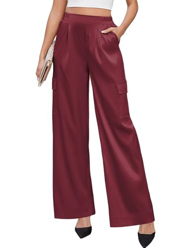 ZAFUL Satin Pants for Women Dressy Casual Cargo Wide Leg Slack Trousers Party Silky Ankle Pants, Wine, XL | Amazon (US)