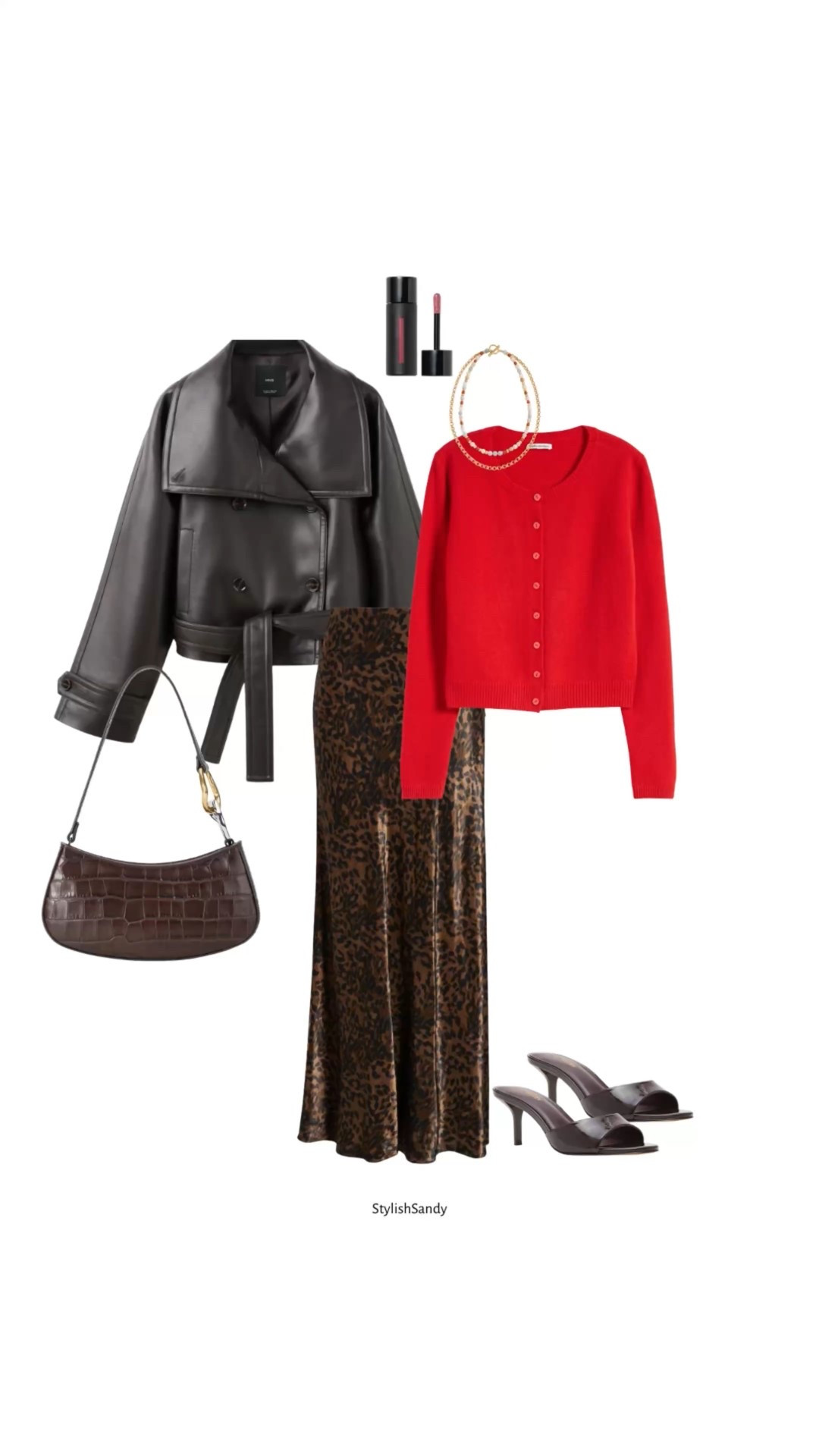 Outfit Inspo for Valentine's Day. - How to wear the February N6 Drop faux leather jacket & sandals. 

Love the lip, I use Petal color.  The maxi leopard skirt is a classic you can wear year-round.

Love the reformation cardigans. I sized up.

The cutest shoulder bag. 

#LTKootd #LTKOver40 #LTKValentine