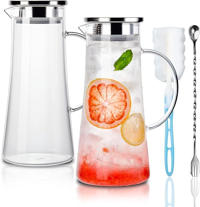CREATIVELAND 1.4 Liter 47 Ounces High Borosilicate Glass Carafe/Pitcher Set of 2 with Stainless S... | Amazon (US)