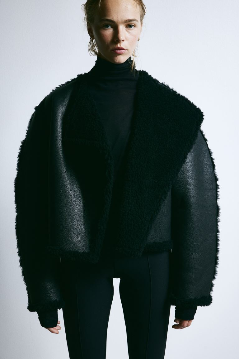 Teddy-lined leather jacket - Black - Ladies | H&M GB | H&M (UK, MY, IN, SG, PH, TW, HK)