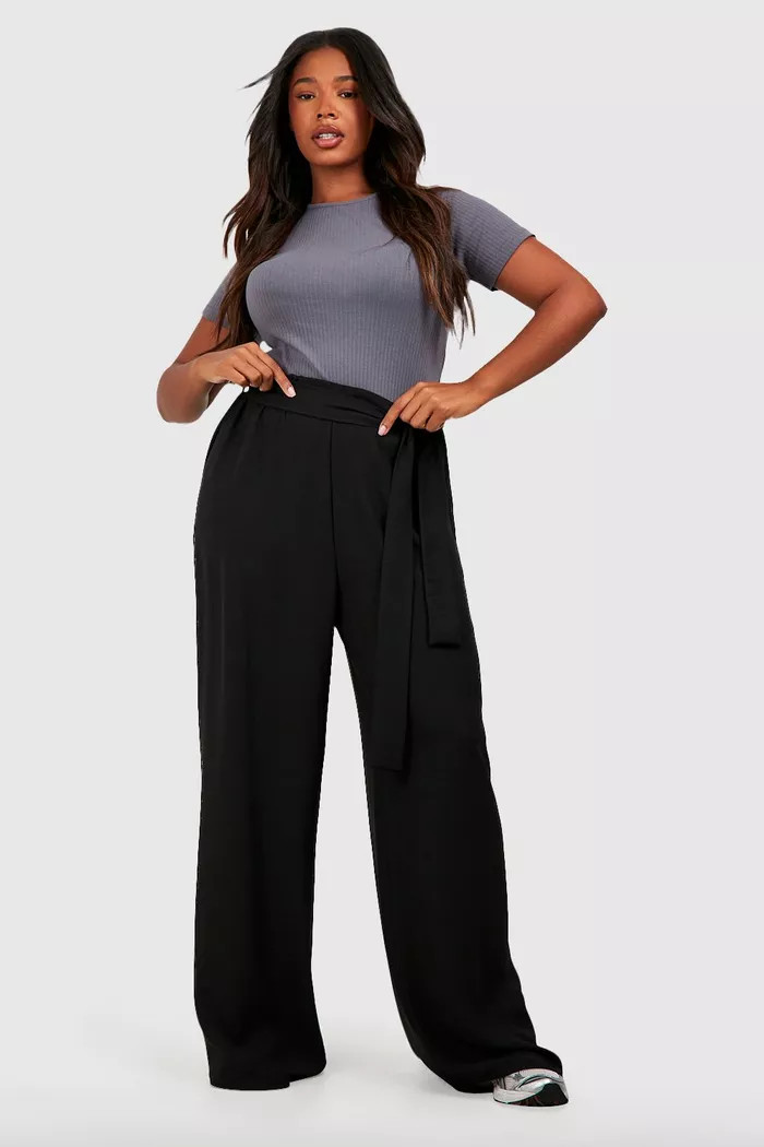 Plus Woven Textured Belted Wide Leg Trousers | Boohoo.com (UK & IE)