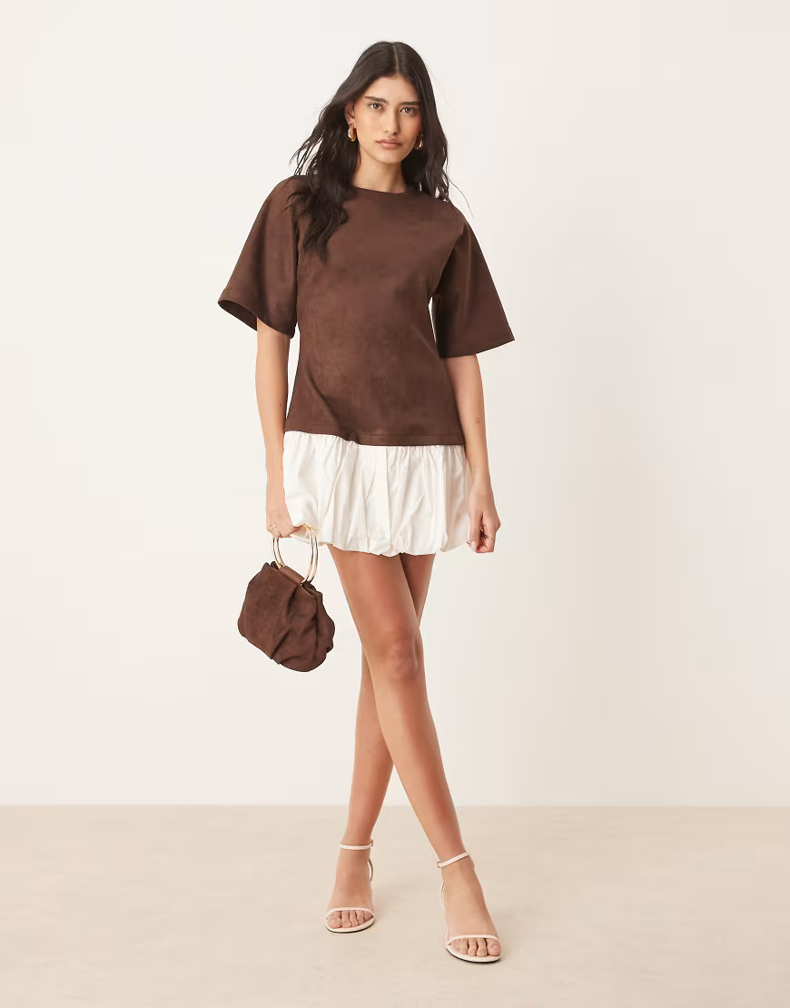ASOS DESIGN suedette t shirt mini dress with bubble hem in brown | ASOS (Global)