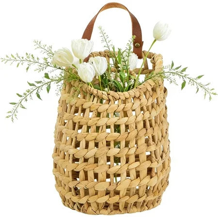 Guvpev Water Hyacinth Hanging Wall Basket with Faux Leather Strap, Handwoven Boho Hanging Baskets, Wicker Wall Baskets for Indoor Outdoor Plant Flower Storage & Home Decor | Walmart (US)