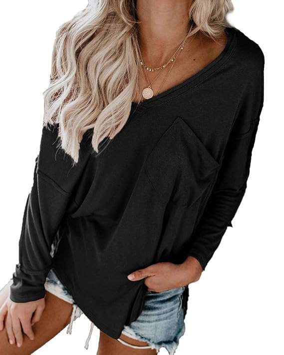 NSQTBA Womens Long Sleeve V Neck Casual Loose Fitting Tops Front Pocket Shirts Blouses | Amazon (US)