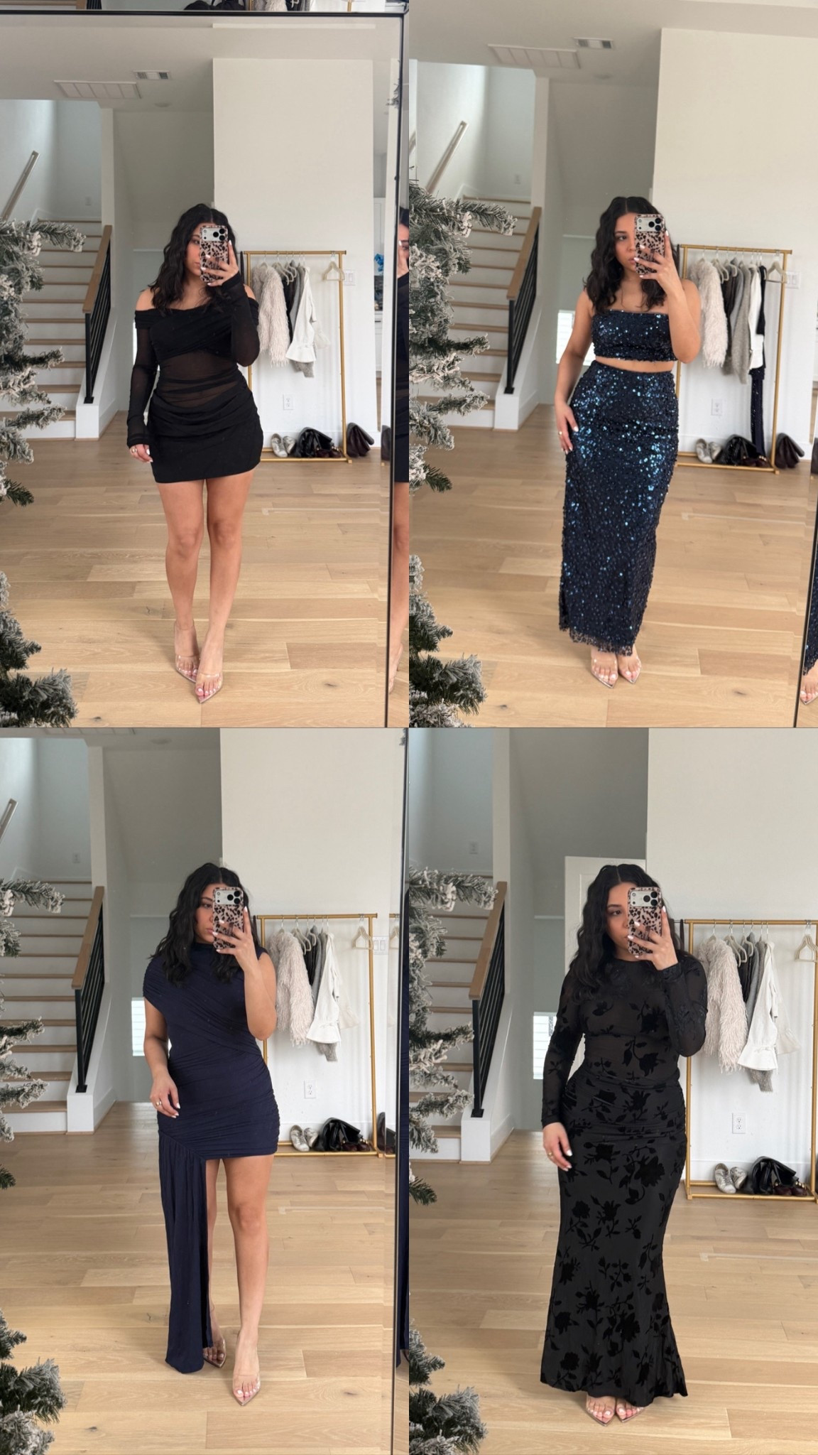 Black mesh mini dress: 4 
Navy blue sequin skirt set: smalls 
Navy blue drape mini dress: small 
Black mesh floral skirt set: small 

#LTKHoliday #LTKgrwm #LTKootd