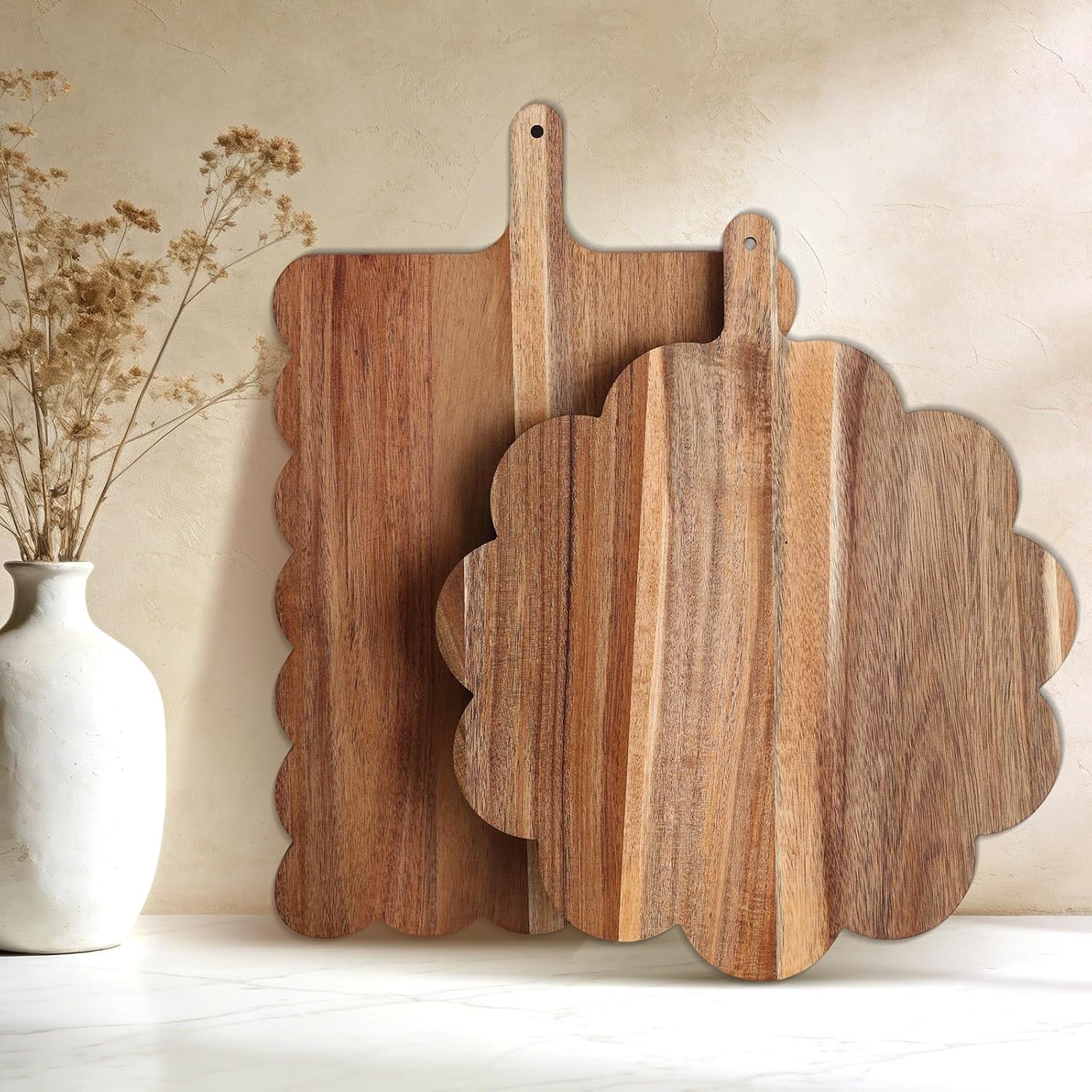 Acacia Wood Scalloped Cutting Boards Set, 2 Pcs Decorative Wooden Charcuterie Boards with Handle for Cheese Pizza Meat Fruit Bread Baking, Cottagecore Farmhouse Kitchen Serving Trays Decor | Amazon (US)
