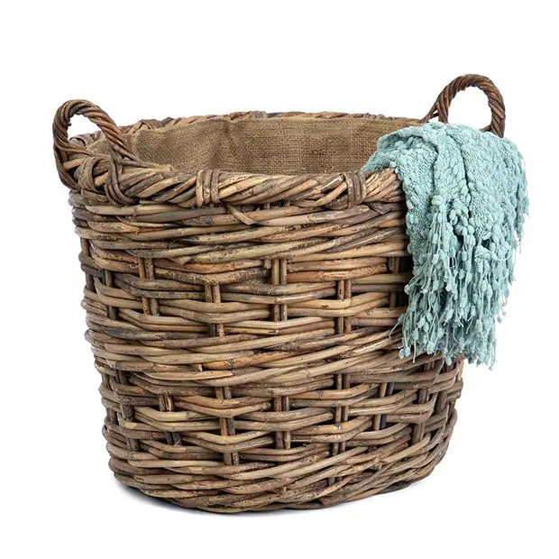 Jute Lined Oval Rattan Storage Basket | Antique Farm House