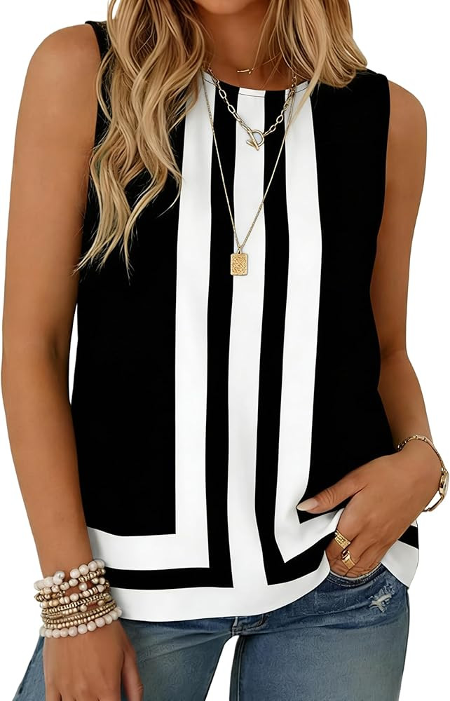 Watashi Women Color Block Sleeveless Blouse Summer Crewneck Geometric Striped Loose Fit Casual Ta... | Amazon (US)