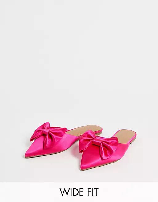 ASOS DESIGN Wide Fit Lass oversized bow pointed flat mules in pink satin | ASOS (Global)