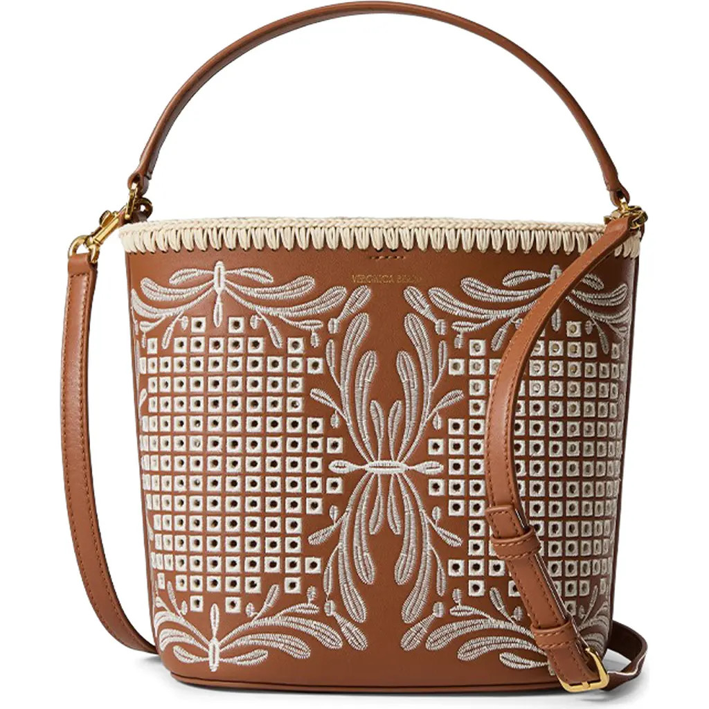 Veronica Beard Small Feed Embroidered Leather Top Handle Bag in Hazelwood /Natural at Nordstrom | Nordstrom