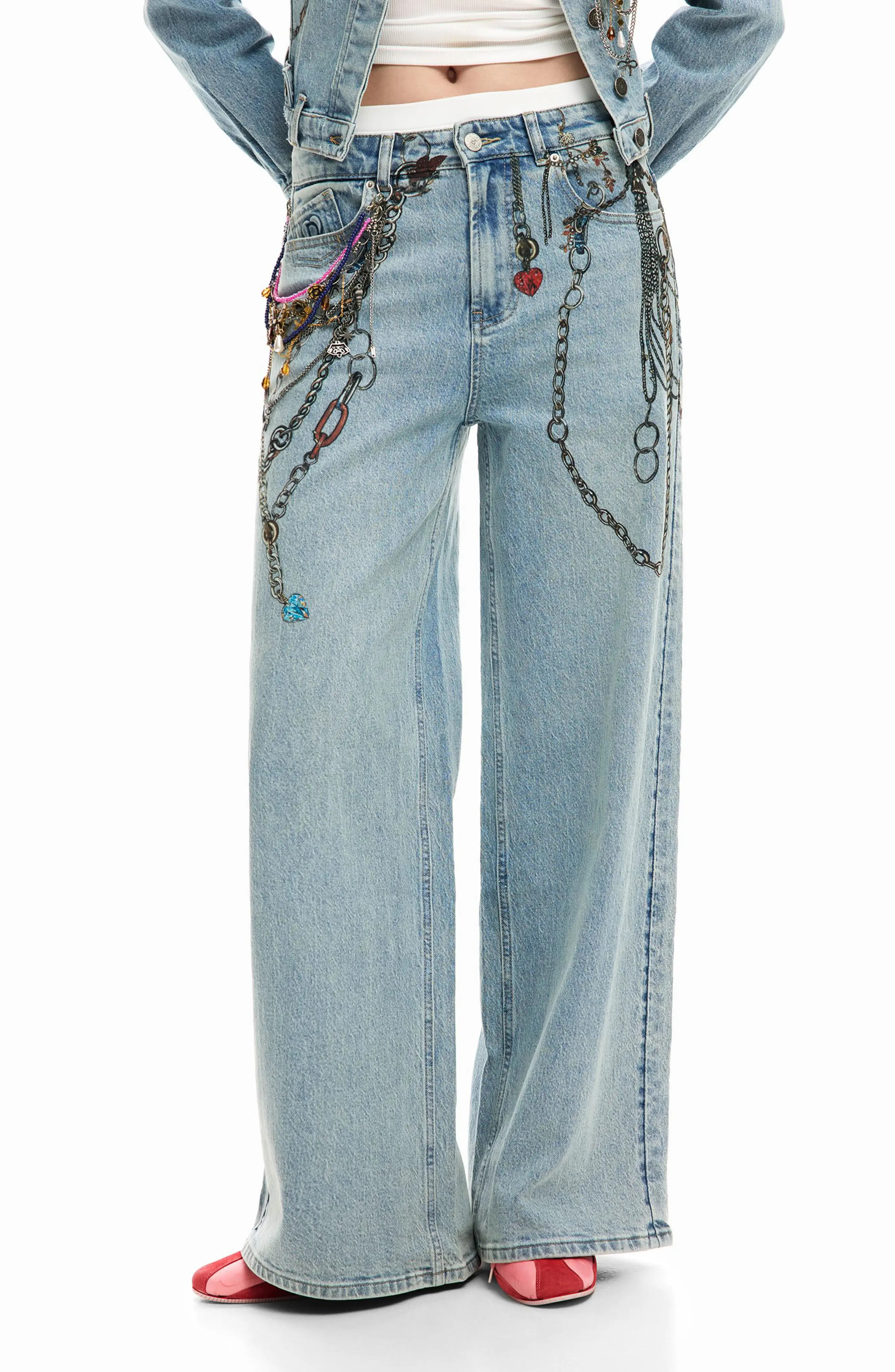 Desigual Chain Embellished Wide Leg Jeans (Women) | Nordstrom | Nordstrom
