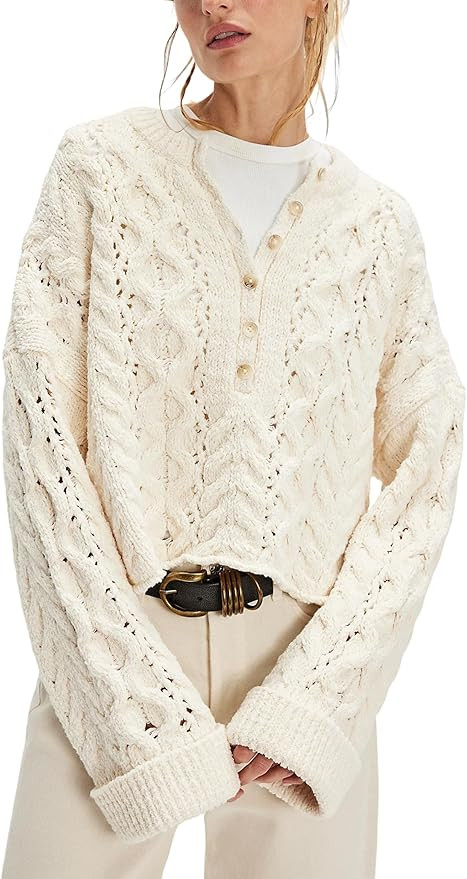 Lentta Womens Chunky Cable Knit Sweater Crewneck Long Sleeve Half Button Pullover Fall Winter Kni... | Amazon (US)