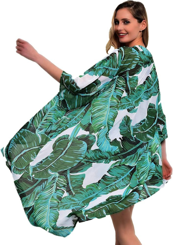 Soul Young Women's Floral Kimono Cardigan Swimsuit Beach Cover up with Open Front Dress Beachwear... | Amazon (US)