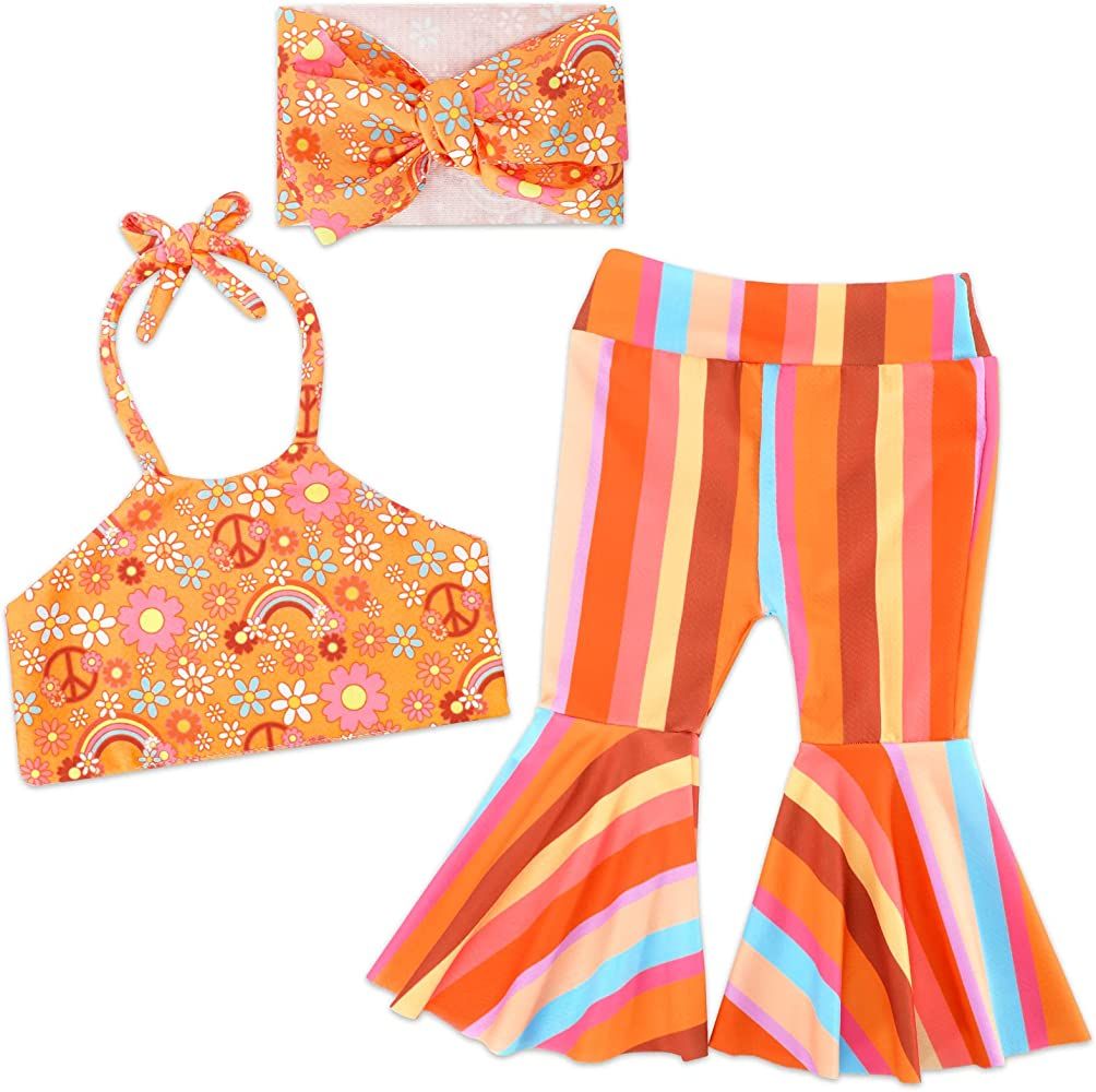 Eunikroko Two Groovy Outfit Toddler Girl Bell Bottoms Halter Top Set | Amazon (US)