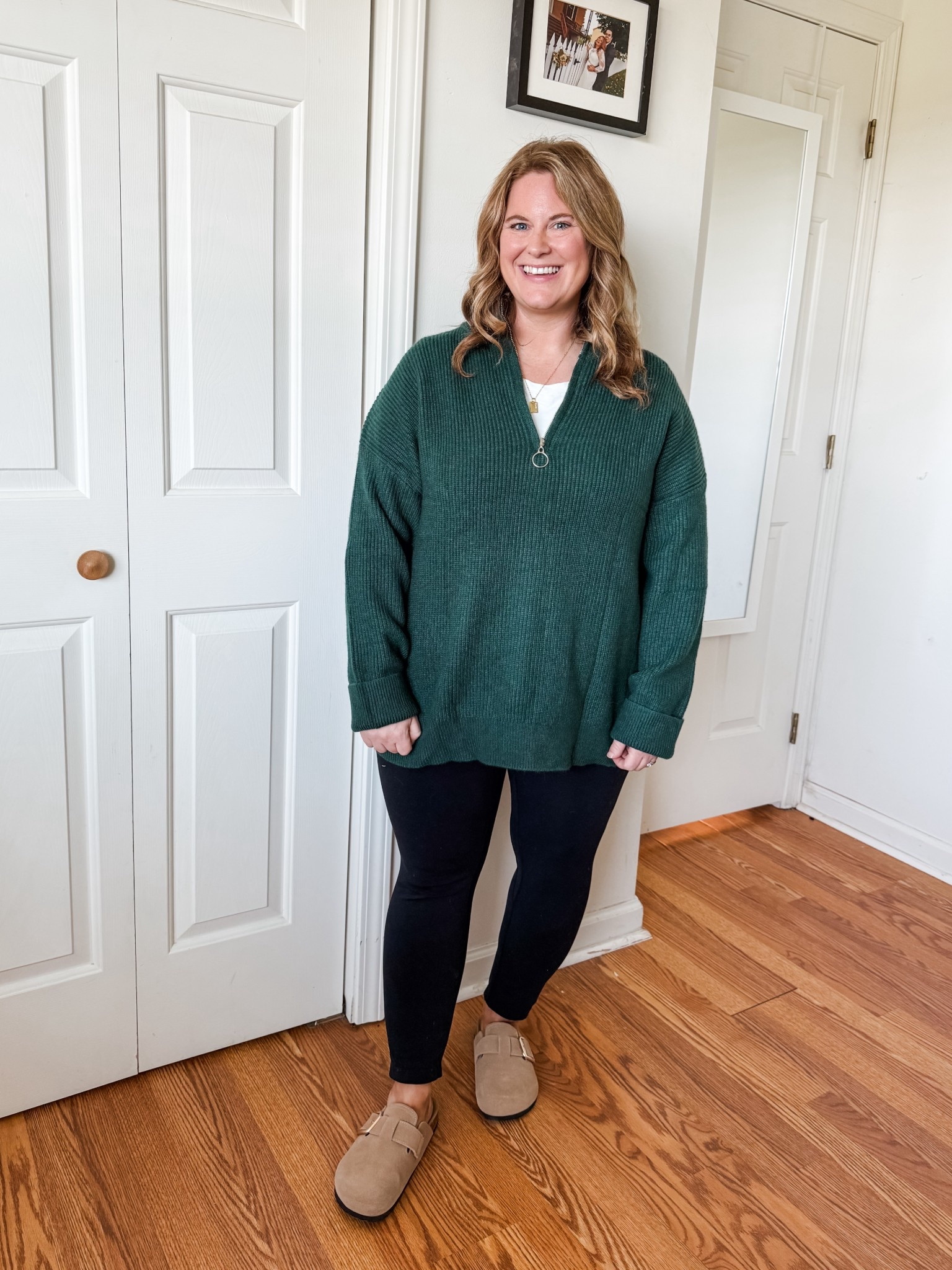 Wearing a large in my sweater, XL in my tee and leggings.  Clogs are true to size 

#LTKSaleAlert #LTKMidsize #LTKFindsUnder50