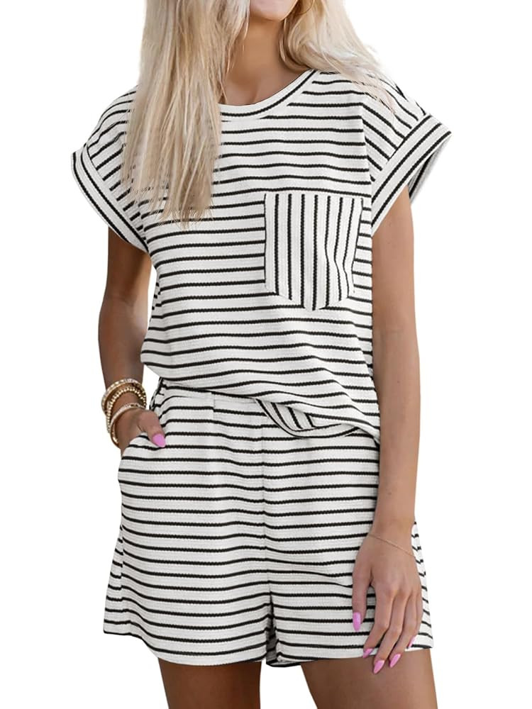 Tankaneo Womens 2 Piece Short Sets Striped Summer Outfits Cap Sleeve Tops and Elastic Waist Loung... | Amazon (US)