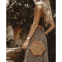 Straw Bag Bali Round Rattan Bag, Hexagon Boho Wicker Shoulder Bag, Genuine Leather Crossbody Bag, Handwoven Bag, Circle Bag | Etsy (US)